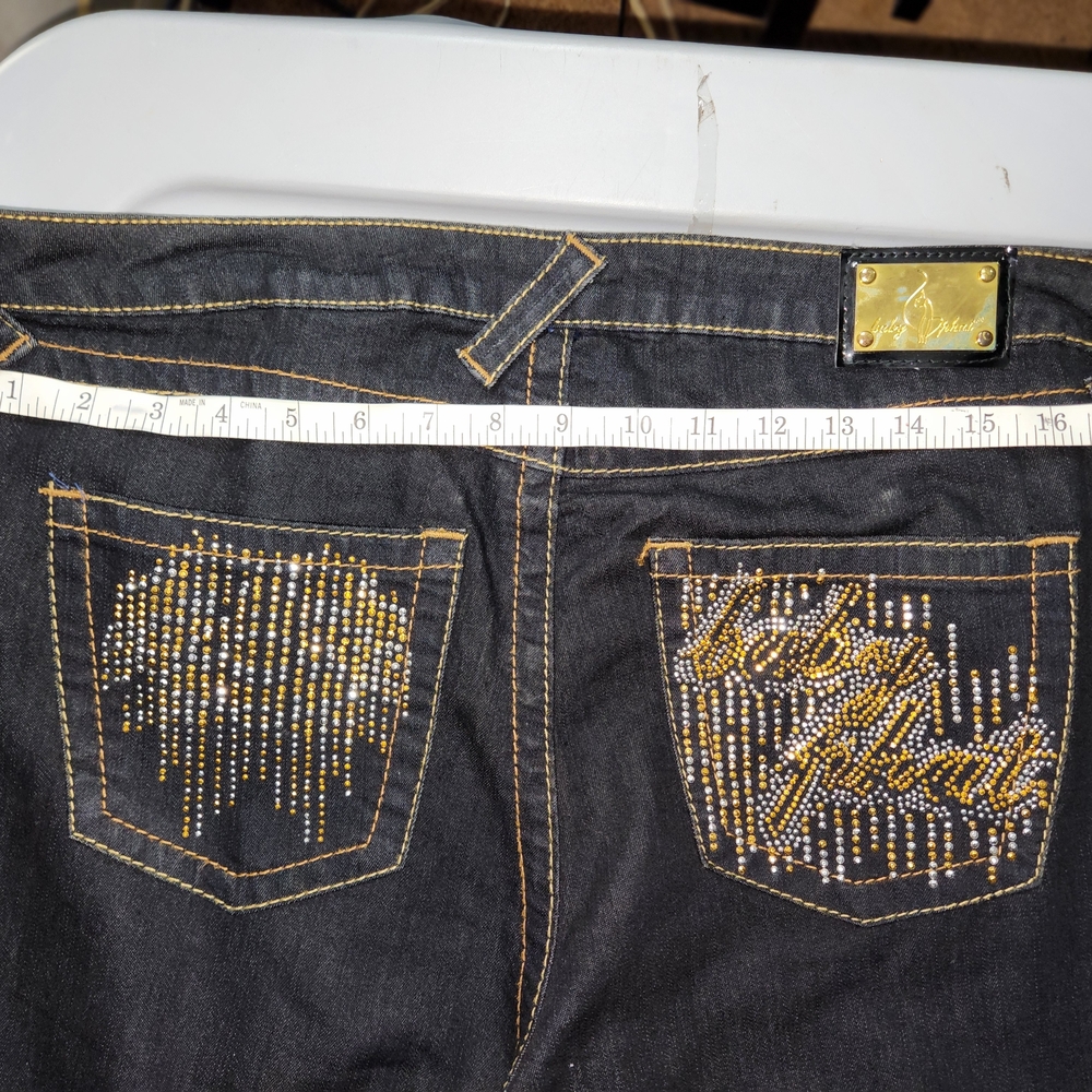 Mcbling Phat Y2k Long Denim Jeans with gold and silver rhinestones in back